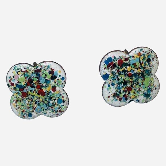 Rainbow Paint Splatter Button Earrings 7/8" Screw Back EDM Art Deco Punk - Picture 3 of 12